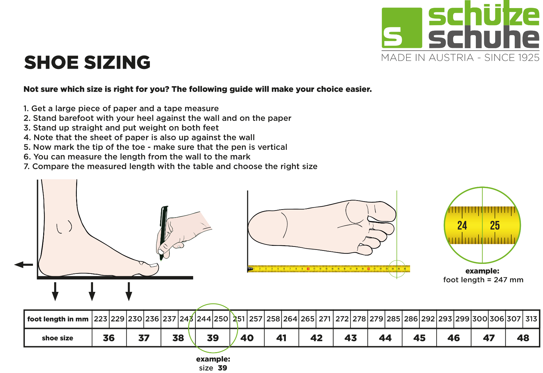 Shoe-sizing. All measures in centi and millimeters